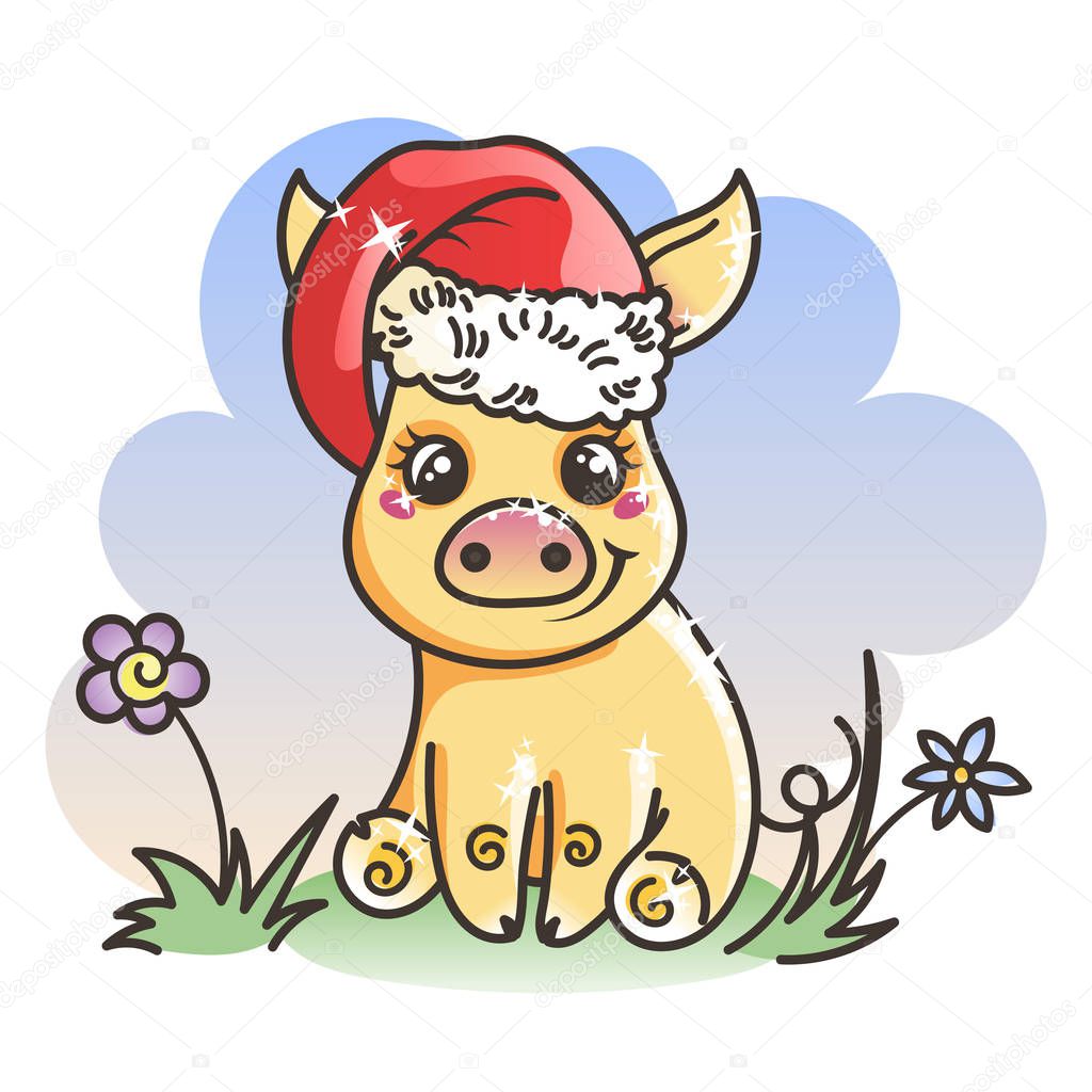 Happy New 2019 Year card with cartoon golden baby pig. Small symbol of holiday.