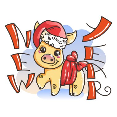 Çizgi film altın bebek domuz ile mutlu 2019 yılbaşı kartı. Tatil küçük simge.