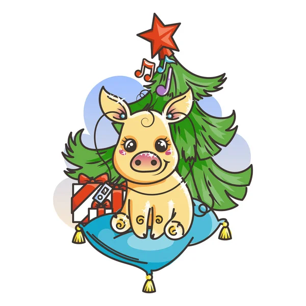 Bonne carte de nouvelle année 2019 avec dessin animé bébé cochon doré. Petit symbole de vacances . — Image vectorielle