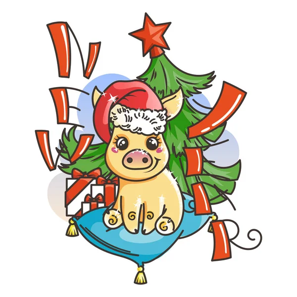 Bonne carte de nouvelle année 2019 avec dessin animé bébé cochon doré. Petit symbole de vacances . — Image vectorielle