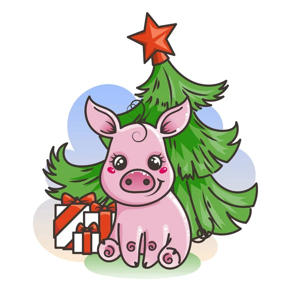 漫画の赤ちゃん豚と 2019年ニューイヤー カード 休日の小さなベクトル シンボル — ストックベクタ