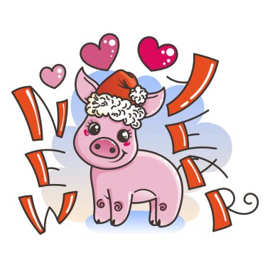 Çizgi film bebek domuz ile mutlu 2019 yılbaşı kartı. Tatil küçük simge.