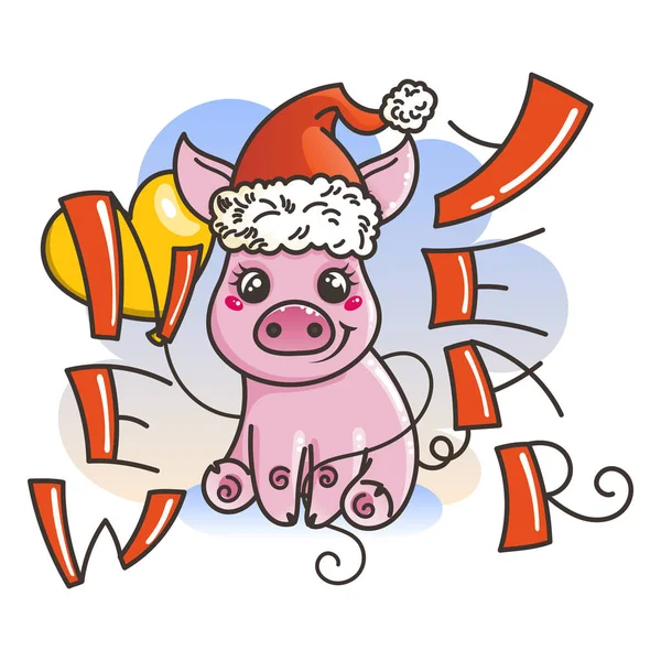漫画の赤ちゃん豚と 2019年ニューイヤー カード。休日の小さなシンボル. — ストックベクタ