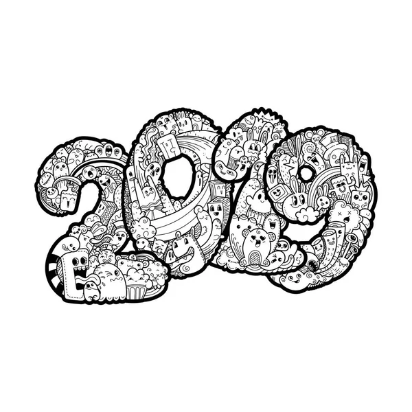 Nowy rok 2019. Potwór doodle Data. Symbol wakacje kwiecisty. — Wektor stockowy
