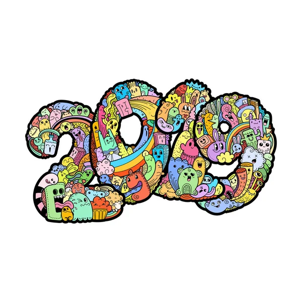 Ano Novo 2019. Encontro de doodles de monstros. Símbolo de férias ornamentado . — Vetor de Stock