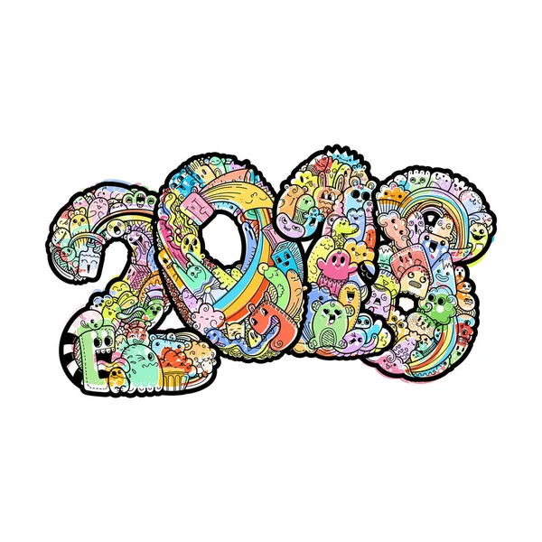 Νέο έτος 2018. Τέρας doodle ημερομηνία. Σύμβολο περίτεχνα Ενοικιαζόμενα. — Διανυσματικό Αρχείο