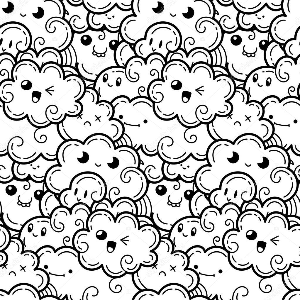 Seamless pattern with funny doodle clouds for prints, designs and coloring books