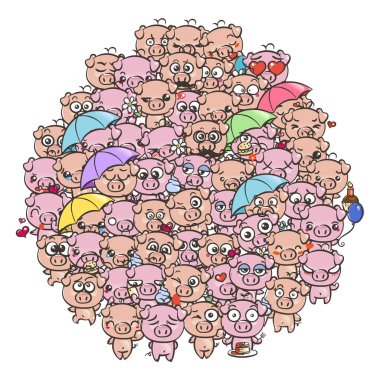 Şirin bebek domuz yavruları ile arka plan. Pastel karikatür resim kawaii domuzlar.