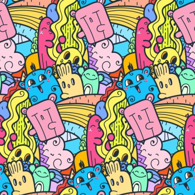 Funny doodle monsters seamless pattern for prints, designs and coloring books clipart