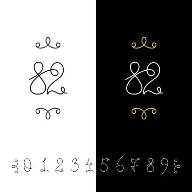 Küme sayının vektör hat 0 ile 9. Çizgili süslü monogram.