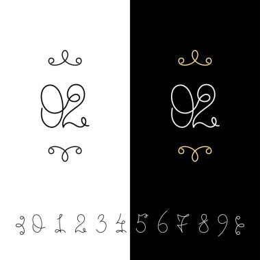 Küme sayının vektör hat 0 ile 9. Çizgili süslü monogram.
