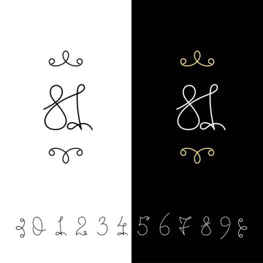 Küme sayının vektör hat 0 ile 9. Çizgili süslü monogram.