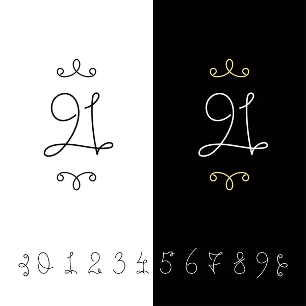 Set di numeri di calligrafia vettoriale da 0 a 9. Monogramma ornato foderato . — Vettoriale Stock