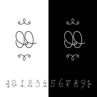 Küme sayının vektör hat 0 ile 9. Çizgili süslü monogram.