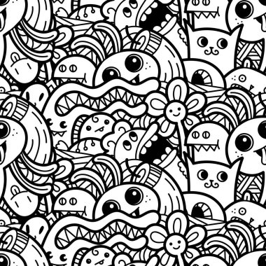 Komik canavarlar Dikişsiz desen baskılar, tasarımlar ve boyama kitapları için doodle