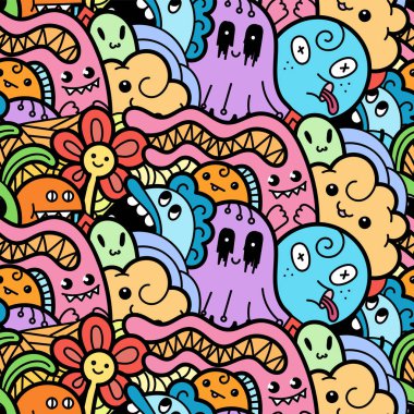 Funny doodle monsters seamless pattern for prints, designs and coloring books clipart