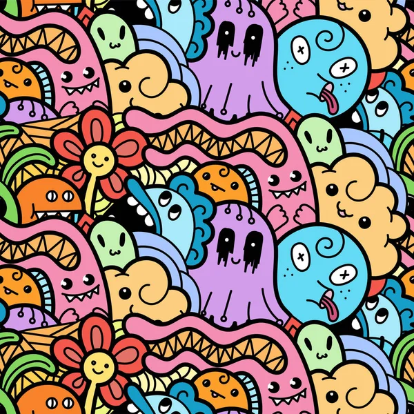 Funny doodle monsters seamless pattern for prints, designs and coloring books — Stock Vector