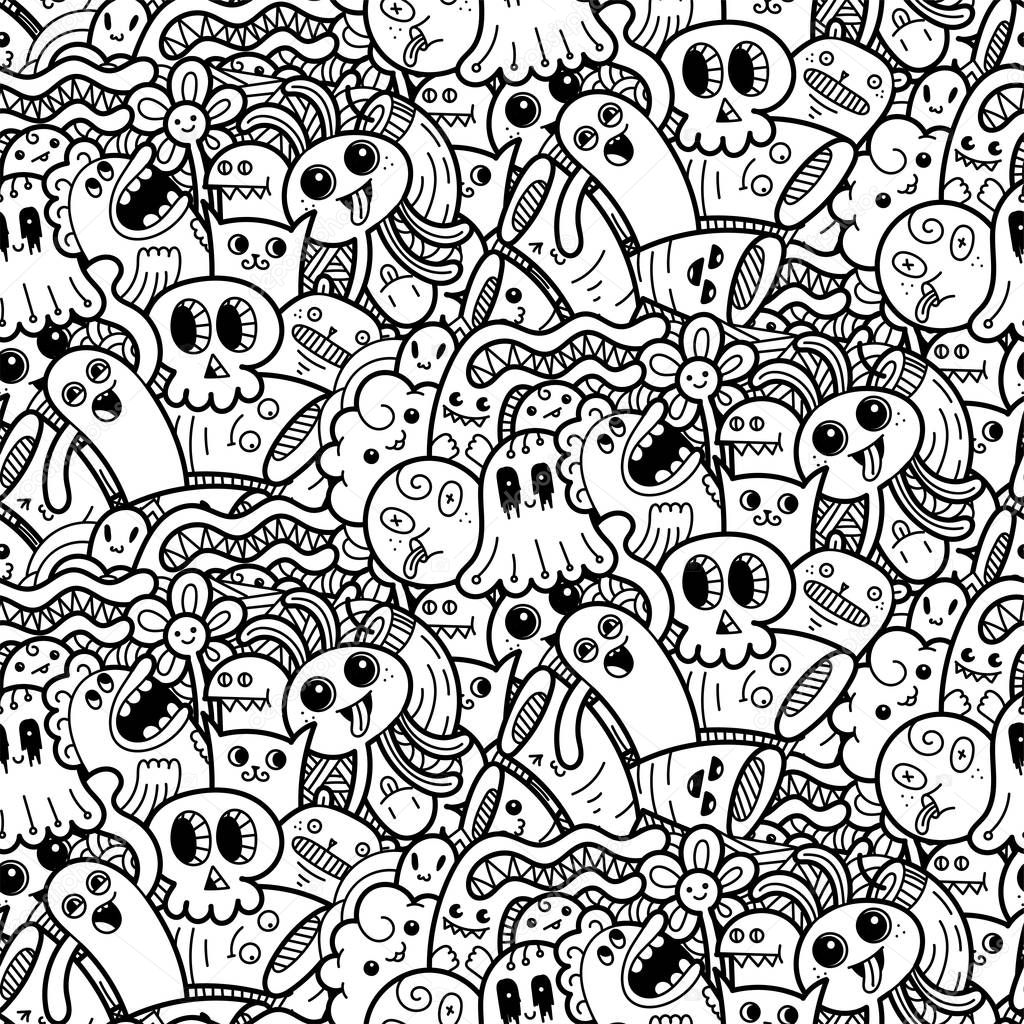 Funny doodle monsters seamless pattern for prints, designs and coloring books