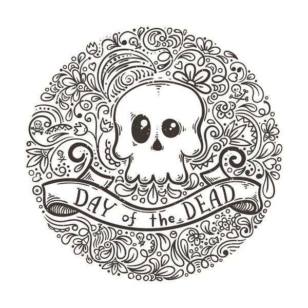 Illustratie met de dag van de dode letters en de schedel op patroon achtergrond. — Stockvector