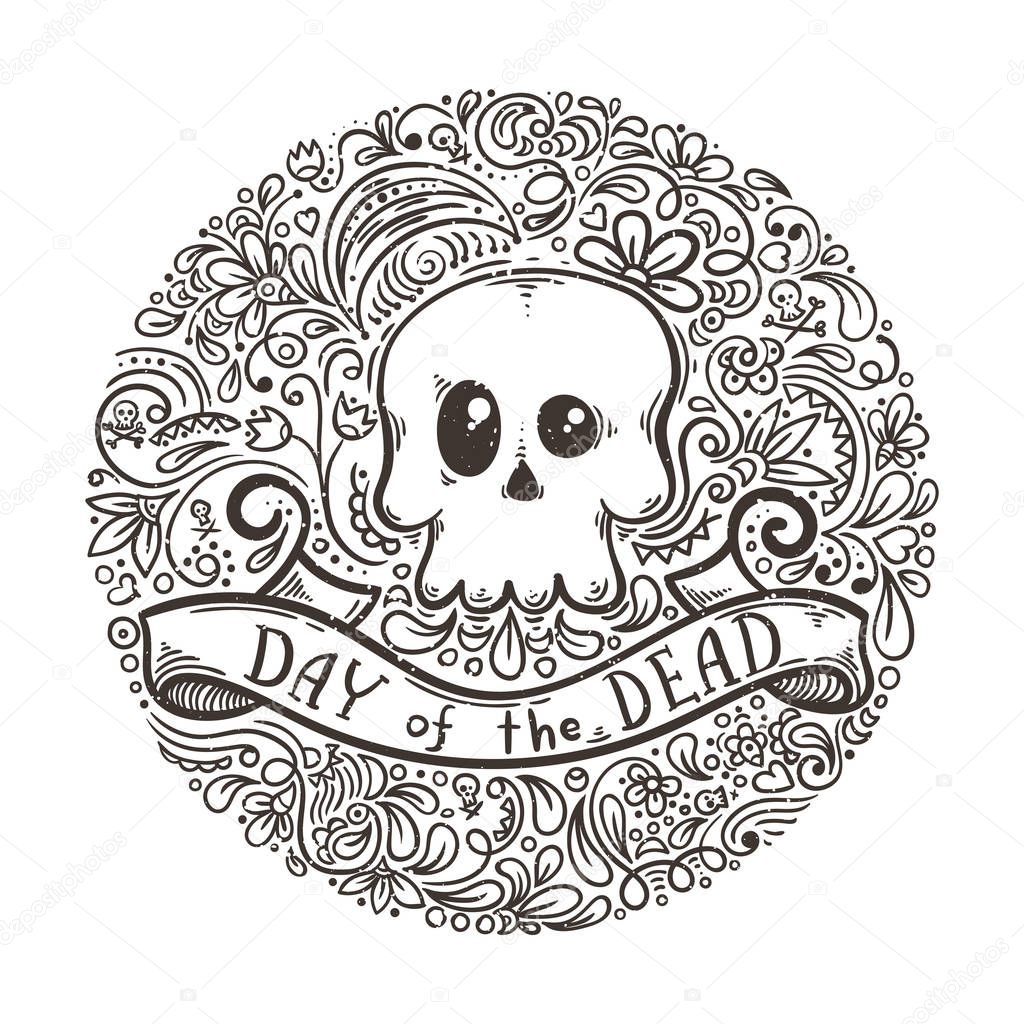 Illustration with the Day of the Dead lettering and skull on pattern background.