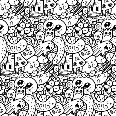 Komik canavarlar Dikişsiz desen baskılar, tasarımlar ve boyama kitapları için doodle