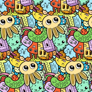 Komik canavarlar Dikişsiz desen baskılar, tasarımlar ve boyama kitapları için doodle