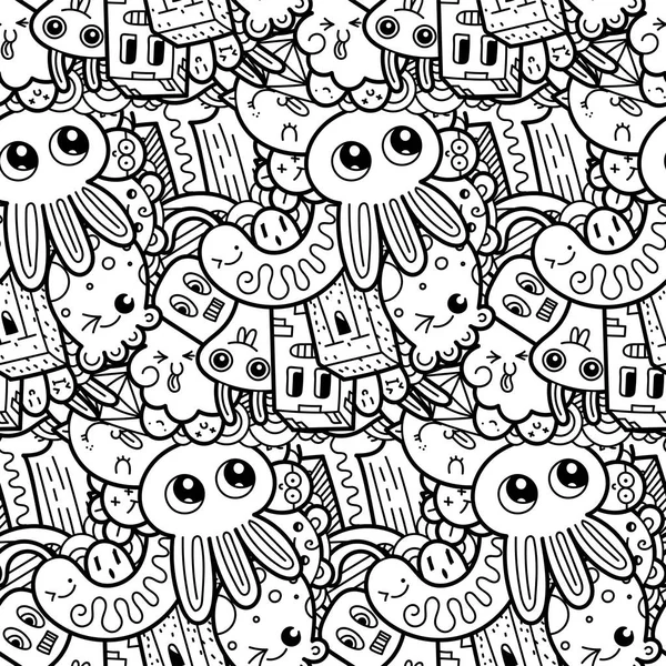 Engraçado doodle monstros sem costura padrão para impressões, desenhos e livros de colorir — Vetor de Stock