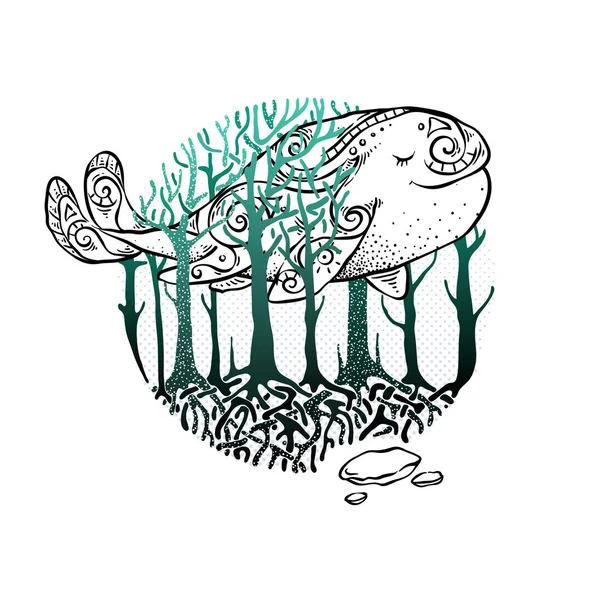 Mystérieuse forêt vectorielle avec baleine volante . — Image vectorielle
