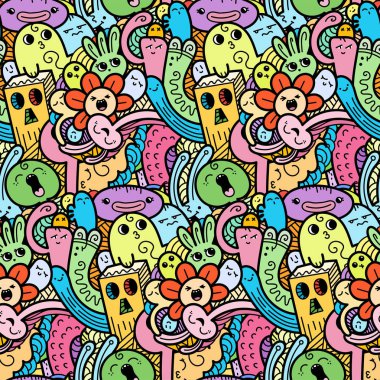 Komik canavarlar Dikişsiz desen baskılar, tasarımlar ve boyama kitapları için doodle