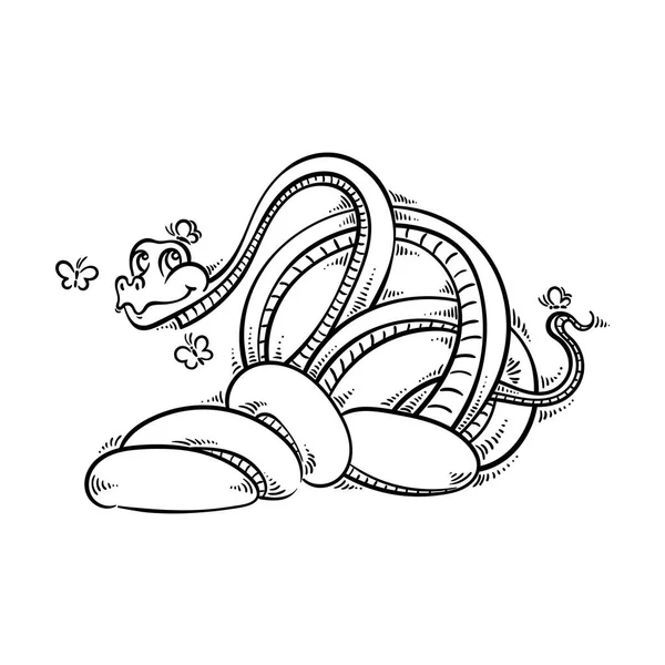 Drôle et sympathique serpent de dessin animé avec des papillons . — Image vectorielle