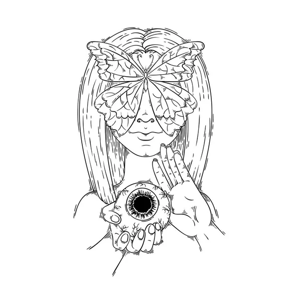 Blind vlinder meisje. Mooie vrouw met lang haar en eng oog in de hand. Fantasie, spiritualiteit, tattoo art, hekserij — Stockvector