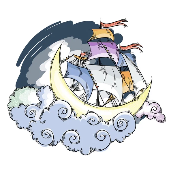 Magic moon flying ship in clouds above the sky. — Stock Vector