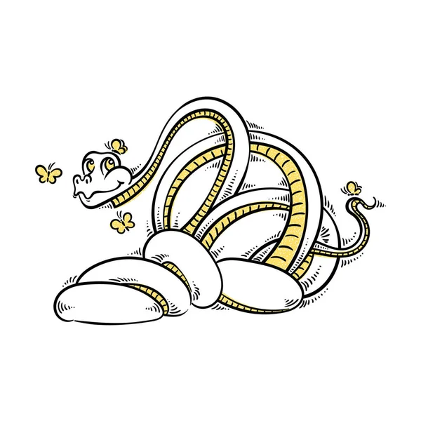 Wąż zabawny i przyjazny kreskówka z motylami. — Wektor stockowy