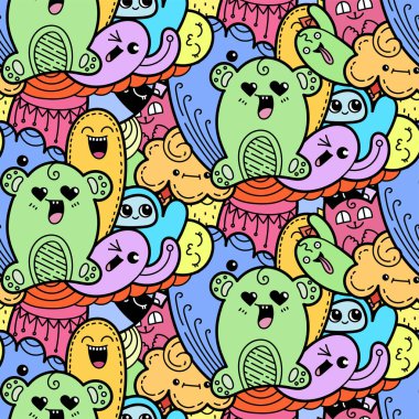 Komik canavarlar Dikişsiz desen baskılar, tasarımlar ve boyama kitapları için doodle