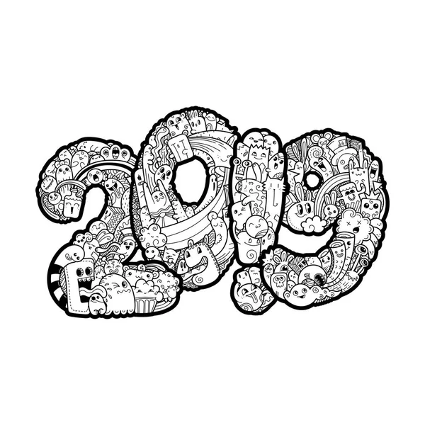 Nytt år 2018. Monster doodle datum. Utsmyckade holiday symbol. — Stock vektor