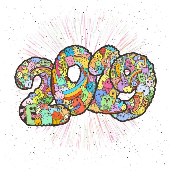 Új év 2019. Monster doodle napja. Díszes holiday szimbólum. — Stock Vector