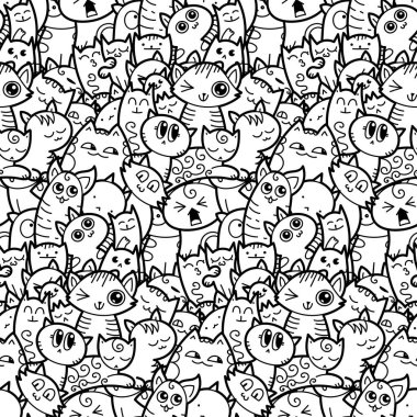Komik kediler ve yavruları Dikişsiz desen baskılar, tasarımlar ve boyama kitapları için doodle