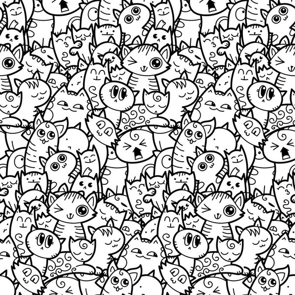 Смешные каракули кошек и котят бесшовный узор для отпечатков, дизайнов и раскраски книг
