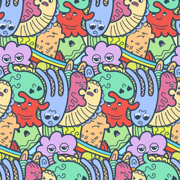 Vicces doodle szörnyek varrat nélküli mintát nyomtatványok, minták és kifestőkönyv — Stock Vector