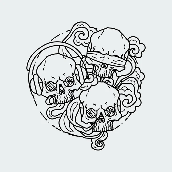 Composition de trois crânes. Illustration vectorielle du crâne humain graphique de tatouage noir et blanc — Image vectorielle