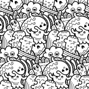Komik canavarlar Dikişsiz desen baskılar, tasarımlar ve boyama kitapları için doodle