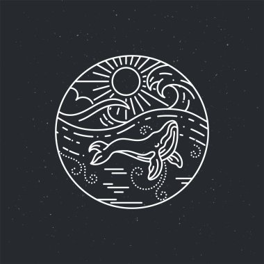 Güneş okyanus ile büyük balina. Doğa keşif poster ya da etiket. Modern daire doğrusal vektör çizim