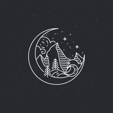 Gece dağlar. Doğa keşif vektör VINTAGE poster. Modern daire doğrusal vektör çizim