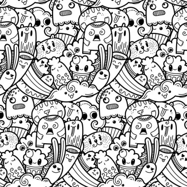 Komik canavarlar Dikişsiz desen baskılar, tasarımlar ve boyama kitapları için doodle