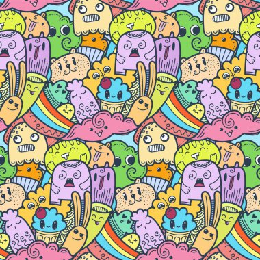 Komik canavarlar Dikişsiz desen baskılar, tasarımlar ve boyama kitapları için doodle