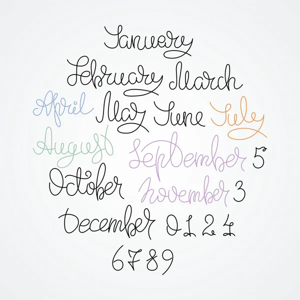 Ημερολόγιο συλλογή μήνες και αριθμών για κάθε έτος, εβδομάδα, εποχές. Μελάνι σύγχρονη πινέλου καλλιγραφίας — Διανυσματικό Αρχείο