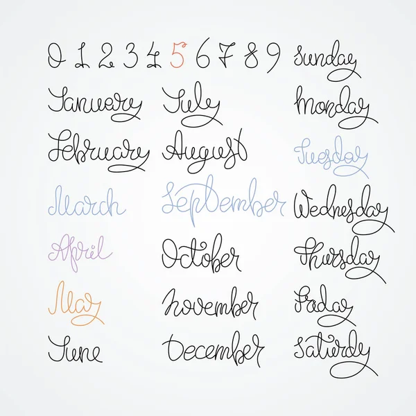 Ημερολόγιο συλλογή μήνες και αριθμών για κάθε έτος, εβδομάδα, εποχές. Μελάνι σύγχρονη πινέλου καλλιγραφίας — Διανυσματικό Αρχείο