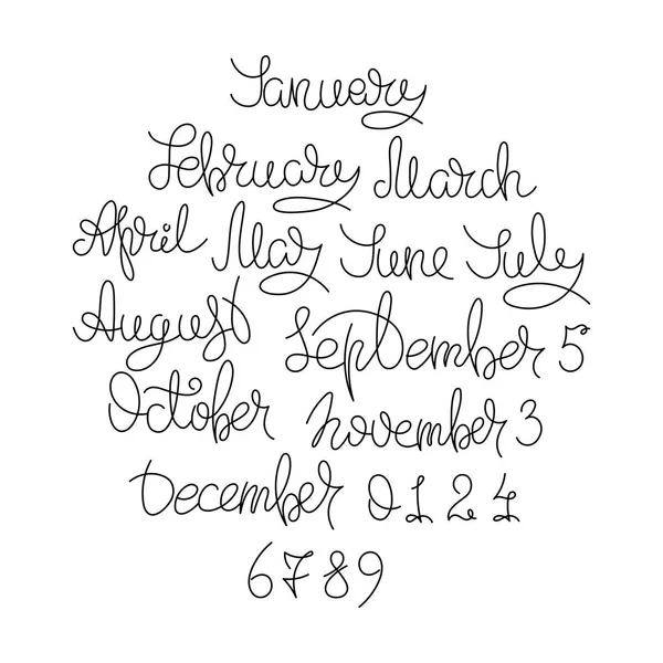 Calendar collection of months and numbers for all year, week, seasons. Ink modern brush calligraphy — Stock Vector