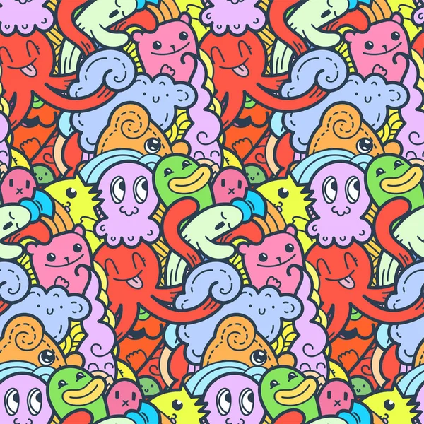 Vicces doodle szörnyek varrat nélküli mintát nyomtatványok, minták és kifestőkönyv — Stock Vector