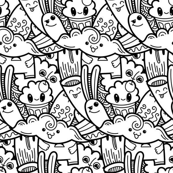 Patrón divertido doodle monstruos sin costura para impresiones, diseños y libros para colorear — Vector de stock